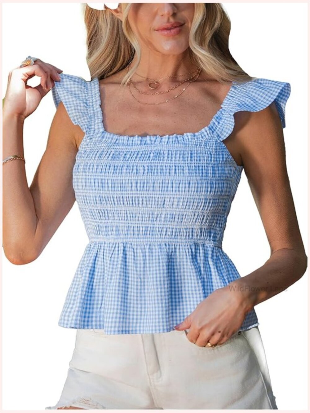 Sleeveless Square Neck Ruffle Blouse Summer Smocked Babydoll Shirt